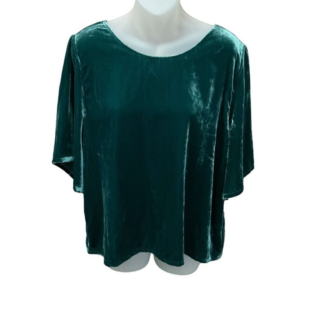 Chelsea28 Blouse Round Neck Short Flare Sleeves Velvet Green Women Size Large